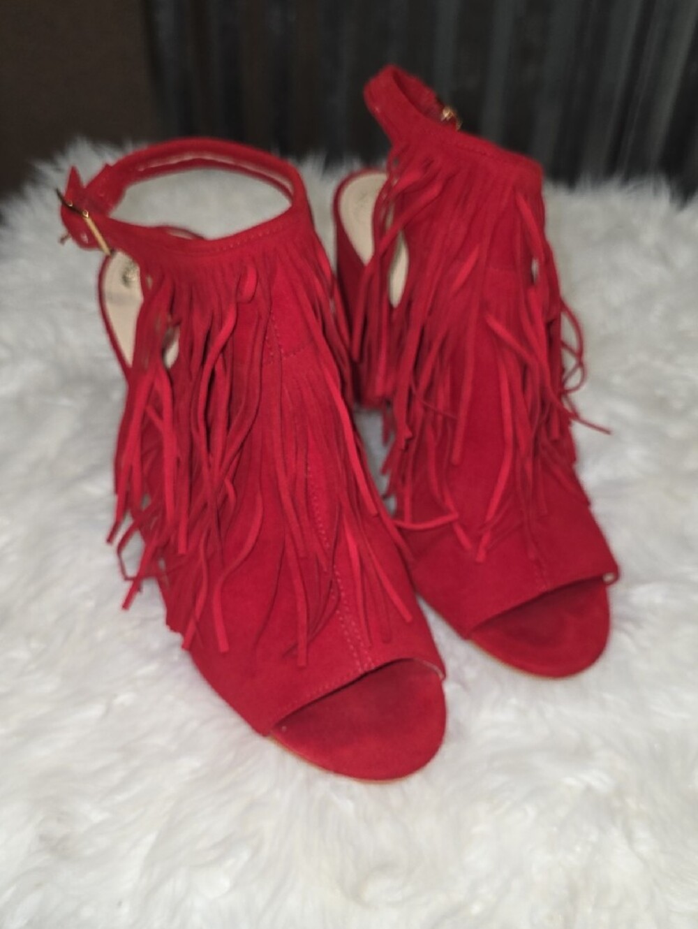 Fringe Peep-Toe Sandal - Red - Picture 2 of 8